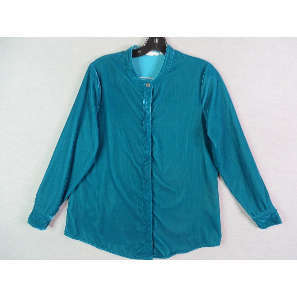Soft Surroundings Womens Shirt Small Petite PS Blue Velvet Velour‎ Button Office